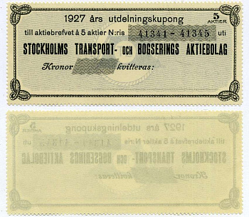ШВЕЦИЯ ДИВИДЕНТНЫЙ КУПОН НА 5 АКЦИЙ 1927 НОМЕРА 41341-41345, АО BOGSERINGS бумага UNC (ПРЕСС) 8612-31-3-2