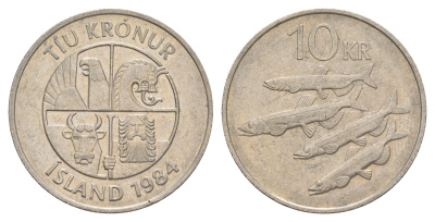 Исландия 10 крон 1984 рыбы KM 29.1 медно-никель 4646-1216
