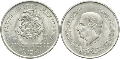 Мексика 5 песо 1951 ИДАЛЬГО KM 467 серебро 00-00