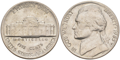 США 5 ЦЕНТОВ 1985 P, ДЖЕФФЕРСОН KM A192 медно-никель 4114-1026