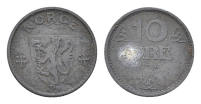 Норвегия 10 эре 1941 Хокон VII (1905-1957) KM 389 цинк 4705-837
