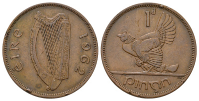 Ирландия 1 пенни 1962 курица с цыплятами KM 11 бронза 4512-1041