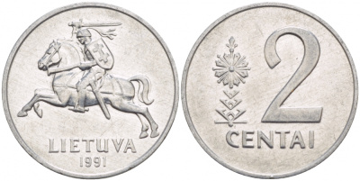 ЛИТВА 2 ЦЕНТА 1991 KM 86 алюминий 4548-456