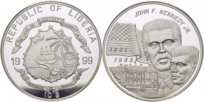 Либерия 10 долларов 1999 президент США Джон Кеннеди KM 594 серебро PROOF 04-302-43