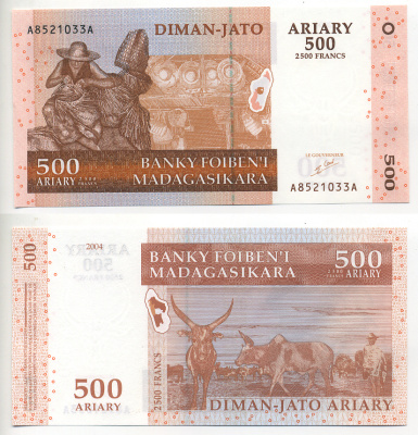 Мадагаскар 500 ариари (2500 франков) 2004, корзинщик, зебу подпись 5 Pick 88 а бумага UNC (пресс) 6299-41-4