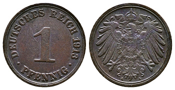 ГЕРМАНИЯ 1 ПФЕННИГ 1913 А KM 10, J.10 медь 4380-116