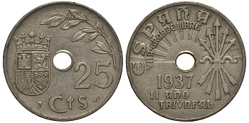 Испания 25 сентимо 1937 год тип KM 753 медно-никель 1522-423