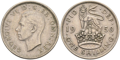 Великобритания 1 шиллинг 1950 Георг VI (1936-1952), Английский герб KM 876, Spink 4108 медно-никель 4126-453