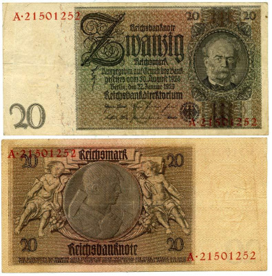 ГЕРМАНИЯ 20 РЕЙХСМАРОК 1929 Pick 181a бумага 3295-74-3
