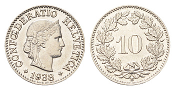 Швейцария 10 раппенов 1938 B KM 27b никель 4708-153