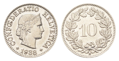 Швейцария 10 раппенов 1938 B KM 27b никель 4708-153