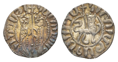 Киликийская Армения трам 1226-1271 Хетум I и царица Забель, держат крест/лев с патриаршим крестом  серебро    1516-414