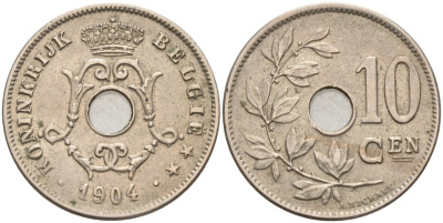 Бельгия 10 сантимов 1904 Belgie KM 53 медно-никель 190-731