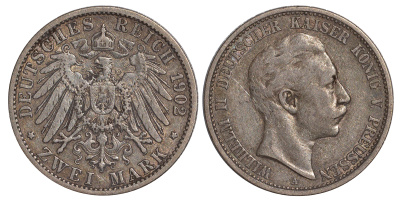 Пруссия 2 марки 1902 A, Вильгельм II (1888-1918) J.102, Weege 101, KM 522 серебро    413-343