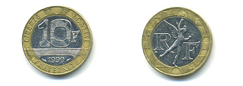 Франция 10 франков 1989 тип гений Бастилии KM 964.1, Le Franc 375.3 биметалл  80-652