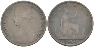 Великобритания 1 фартинг 1860 Виктория (1837-1901), зубчатая кайма KM 747.2, Spink 3958 бронза 3955-261