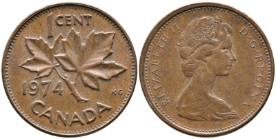 Канада 1 цент 1974 Елизавета II (1952-2022), кленовый лист KM 59.1 бронза 4528-738