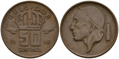 Бельгия 50 сантимов 1955 Belgique, Бодуэн I (1951-1993) KM 144 бронза 4154-1048