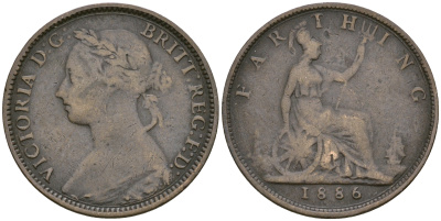 Великобритания 1 фартинг 1886 Виктория (1837-1901) KM 753, Spink 3958 бронза 4364-3658