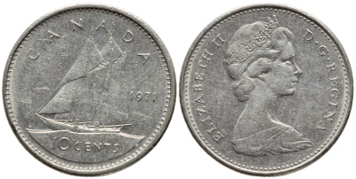 КАНАДА 10 ЦЕНТОВ 1971 ПАРУСНИК KM 77.1 никель 4396-432