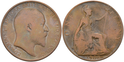 Великобритания 1 пенни 1906 Эдуард VII (1901-1910) KM 794.2, Sp 3990 бронза 4394-315