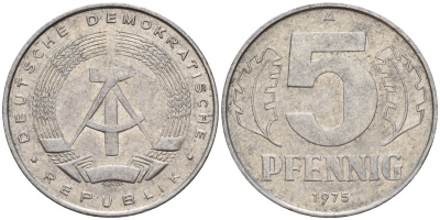 ГДР 5 пфеннигов 1975 A KM 9.1 алюминий 218-765