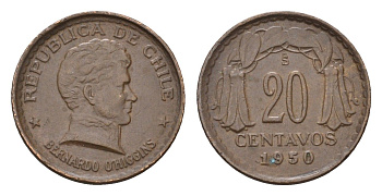 Чили 20 сентаво 1950 KM 177 медь 4689-135