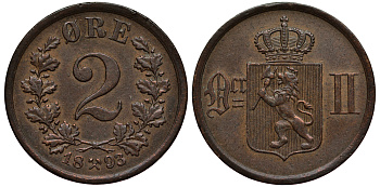 НОРВЕГИЯ 2 ЭРЕ 1893 KM 353 бронза 1520-1223