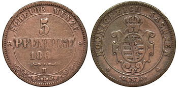 Саксония 5 пфеннигов 1864 B, Иоганн (1854-1873) KM 1218 медь 4681-1222