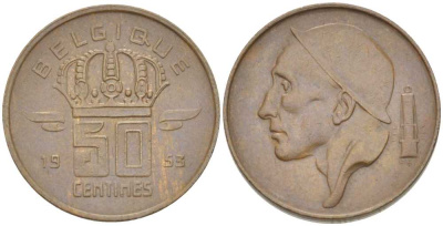 БЕЛЬГИЯ 50 САНТИМОВ 1953 BELGIQUE, БОДУЭН I (1951-1993) KM 144 бронза 206-161