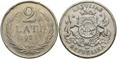 Латвия 2 лата 1925 Первая Республика (1918-1939) KM 8 серебро 27-1237