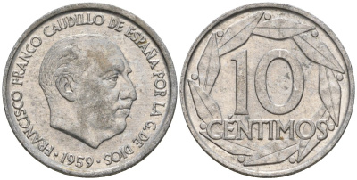 Испания 10 сентимо 1959 Франсиско Франко (1939-1975) KM 790 алюминий 4602-1223