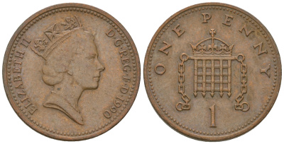 Великобритания 1 пенни 1990 Елизавета II (1952-2022) KM 935, Spink 4381 (B3) бронза 3458-1268