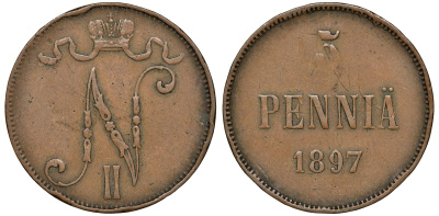 Россия для Финлянии 5 пенни 1897 Николай II (1894-1917) Биткин 442 медь 51-412